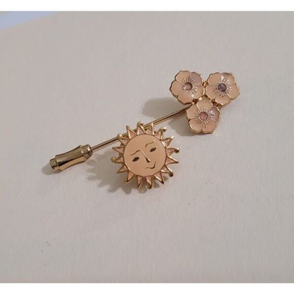 Vintage New Lawrence Bentley Double Tac Pin Brooch Hat Pin Set Gold Sun Enamel - Picture 8 of 13